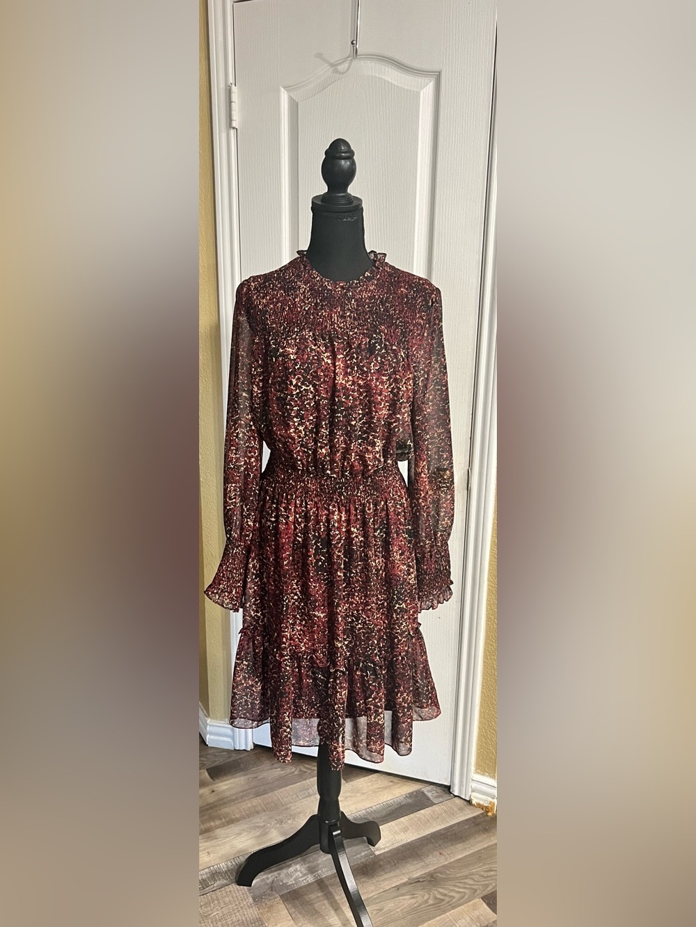 Just...Taylor Burgundy Floral Midi Dress with Ruffle Neck